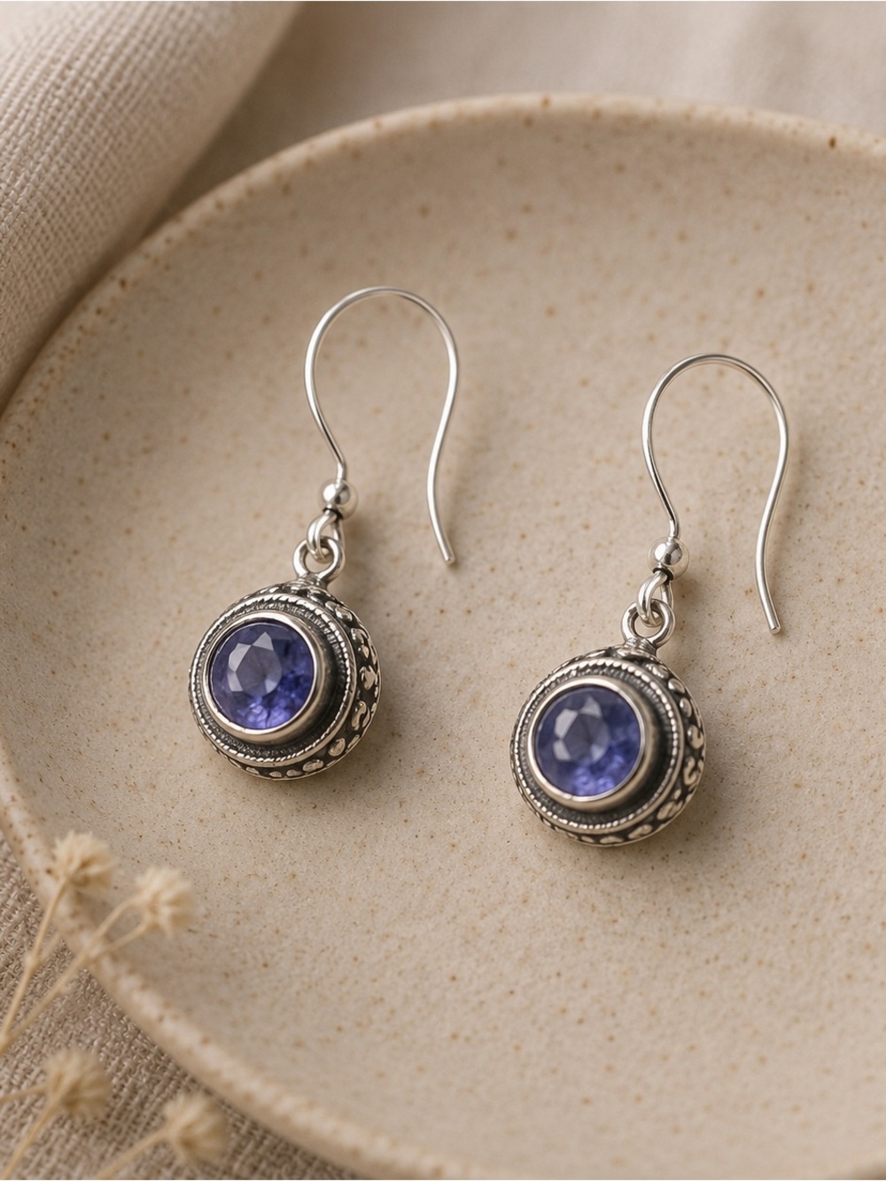 Tanzanite 925 Sterling Silver Round Drop Earrings | Bezel Set NEW 1” #660